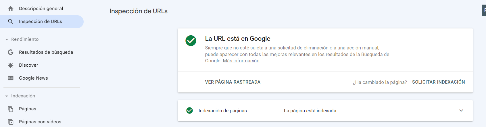 Herramienta de inspección de URLs en Google Search Console mostrando el estado de indexación de una página